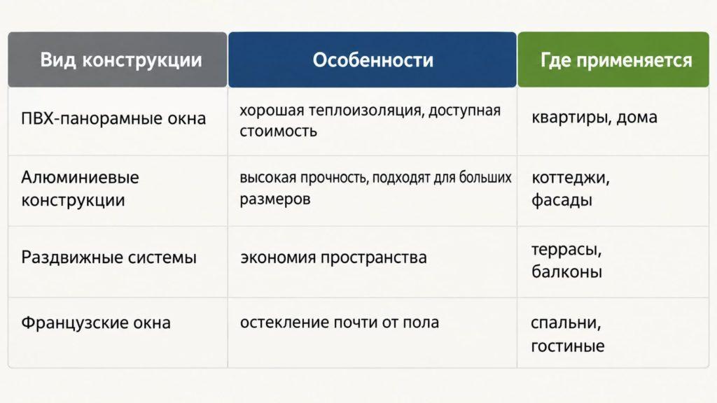 Сравнительная таблица панорамные окон